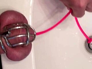 Locked up cocklet gets sounding in chastity