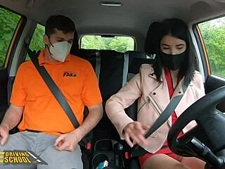 European driving school lady Dee gives a sensual blowjob to her instructor