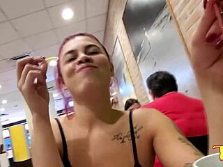 Natural tits and tattooed pussy of Brazilian teen in public during McDonald's snack
