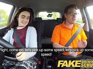 Sexy British instructor teaches a new student the art of driving