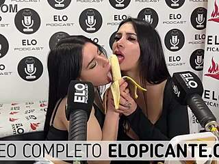 Two women indulge in a sensual banana-themed dessert and savor every last drop