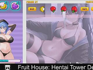 Erotic 2D game with anime-style characters defending a fruit-themed tower